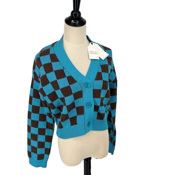 English Factory Brown Blue Checkerboard Checkered Cardigan Sweater Sz S Preppy - Picture 2 of 14